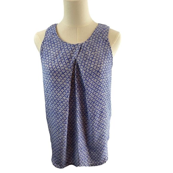 XS Cynthia Rowley Womens 100% Silk Blue Print Pullover Pleat Front Blouse - Picture 11 of 11